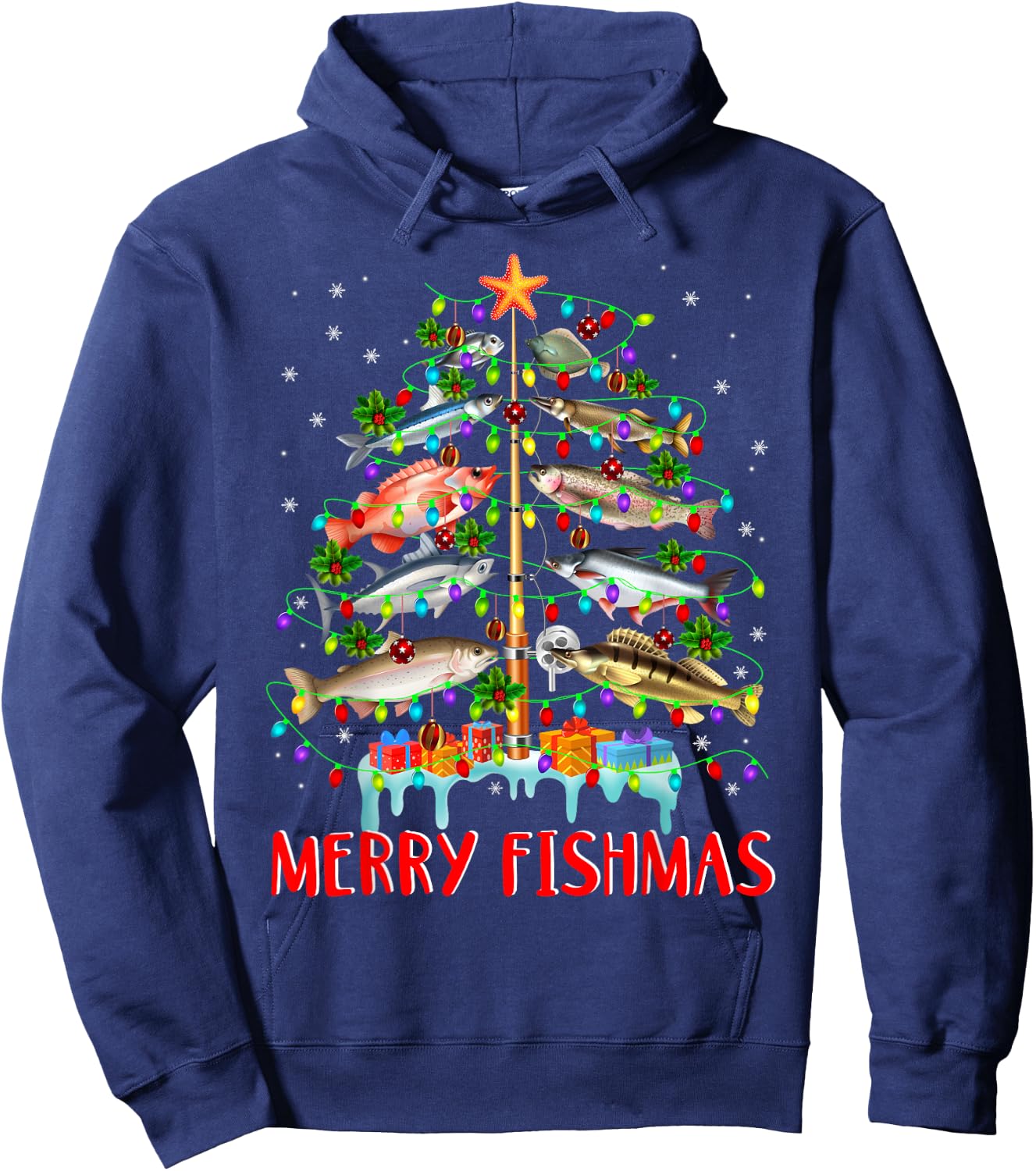Merry Fishmas Funny Christmas Tree Lights Fish Fishing Rod Hoodie - Hoodie | Navy