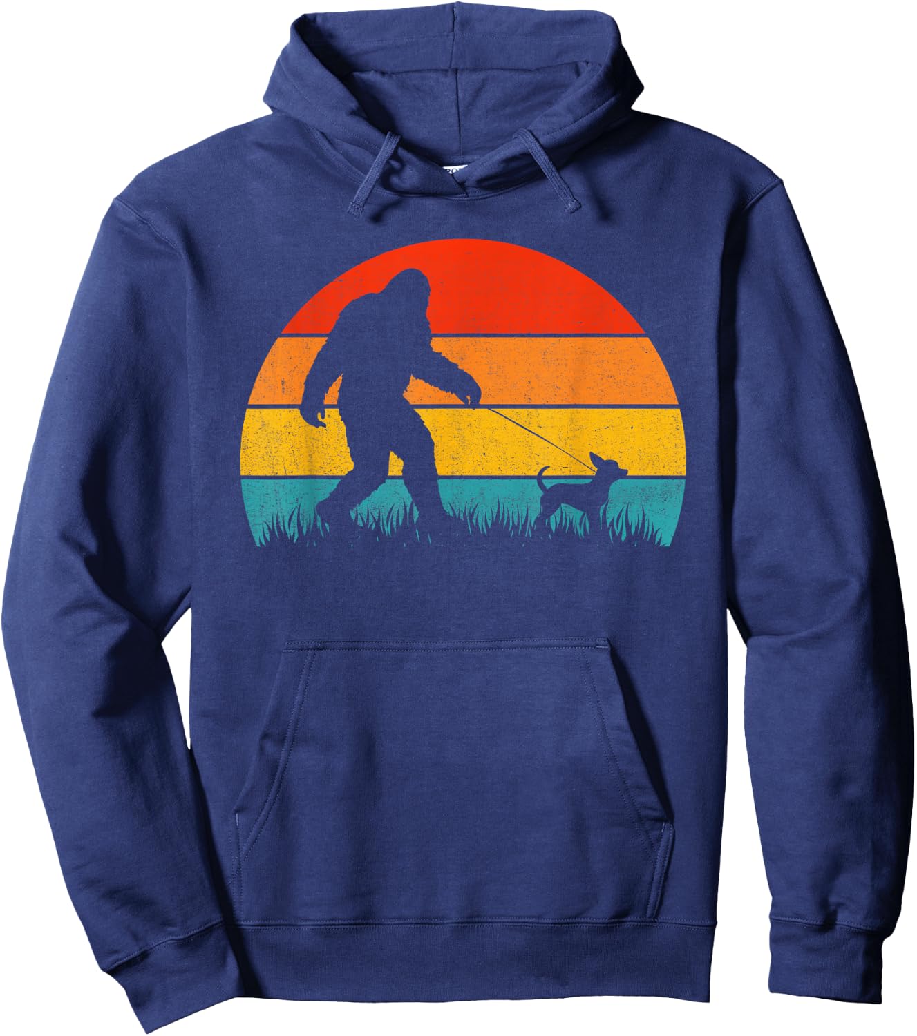 Bigfoot Walking Retro Sunset Off Sasquatch & Chihuahua Dog Hoodie - Hoodie | Navy