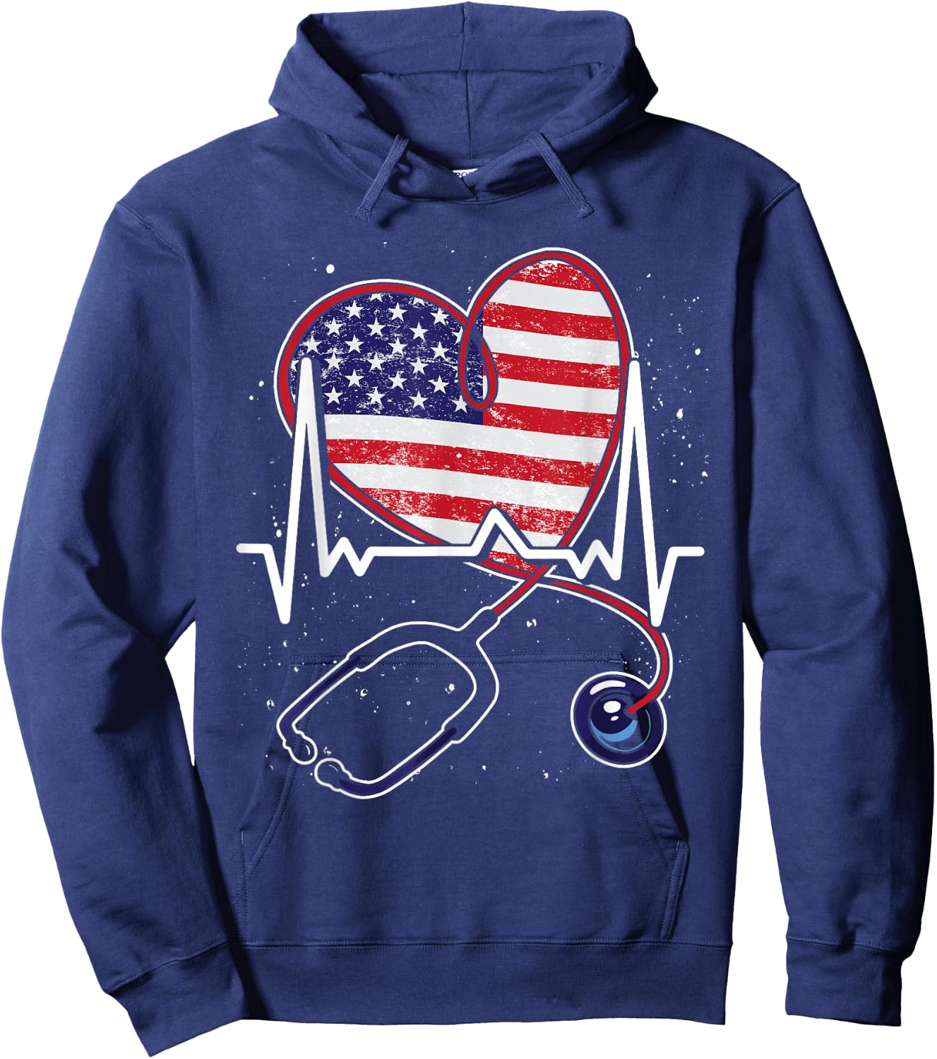 Heart US Flag RN Patriotic LPN Heartbeat Stethoscope Nurse Hoodie - Hoodie | Navy