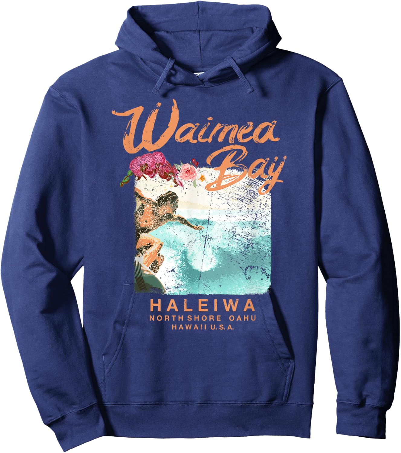 Hawaii Waimea Bay Vintage Hawaiian Surfing T Shirt Hoodie - Hoodie | Navy