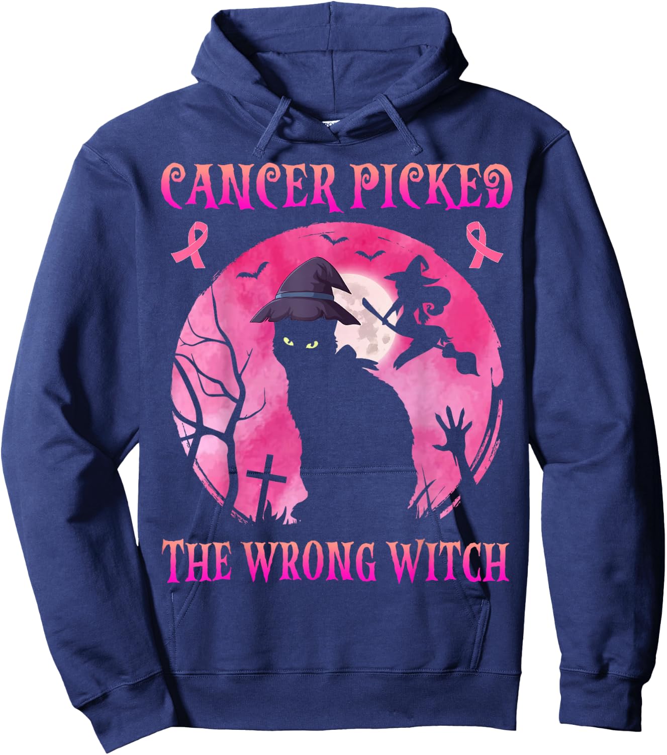 Cancer Picked The Wrong Witch Breast Cancer Halloween Cat Hoodie - Hoodie | Navy