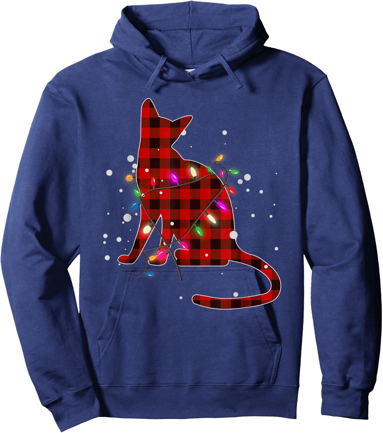 Red Buffalo Plaid Cat Christmas Pajamas Xmas Tree Lights Women Kids Hoodie - Hoodie | Navy