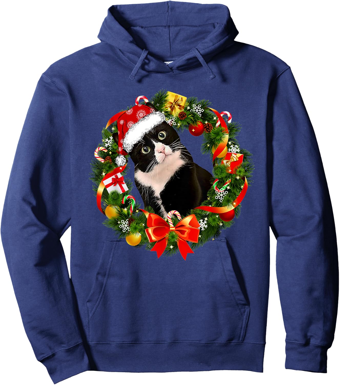 Funny Tuxedo Cat Christmas Wreath Ornament Hoodie - Hoodie | Navy