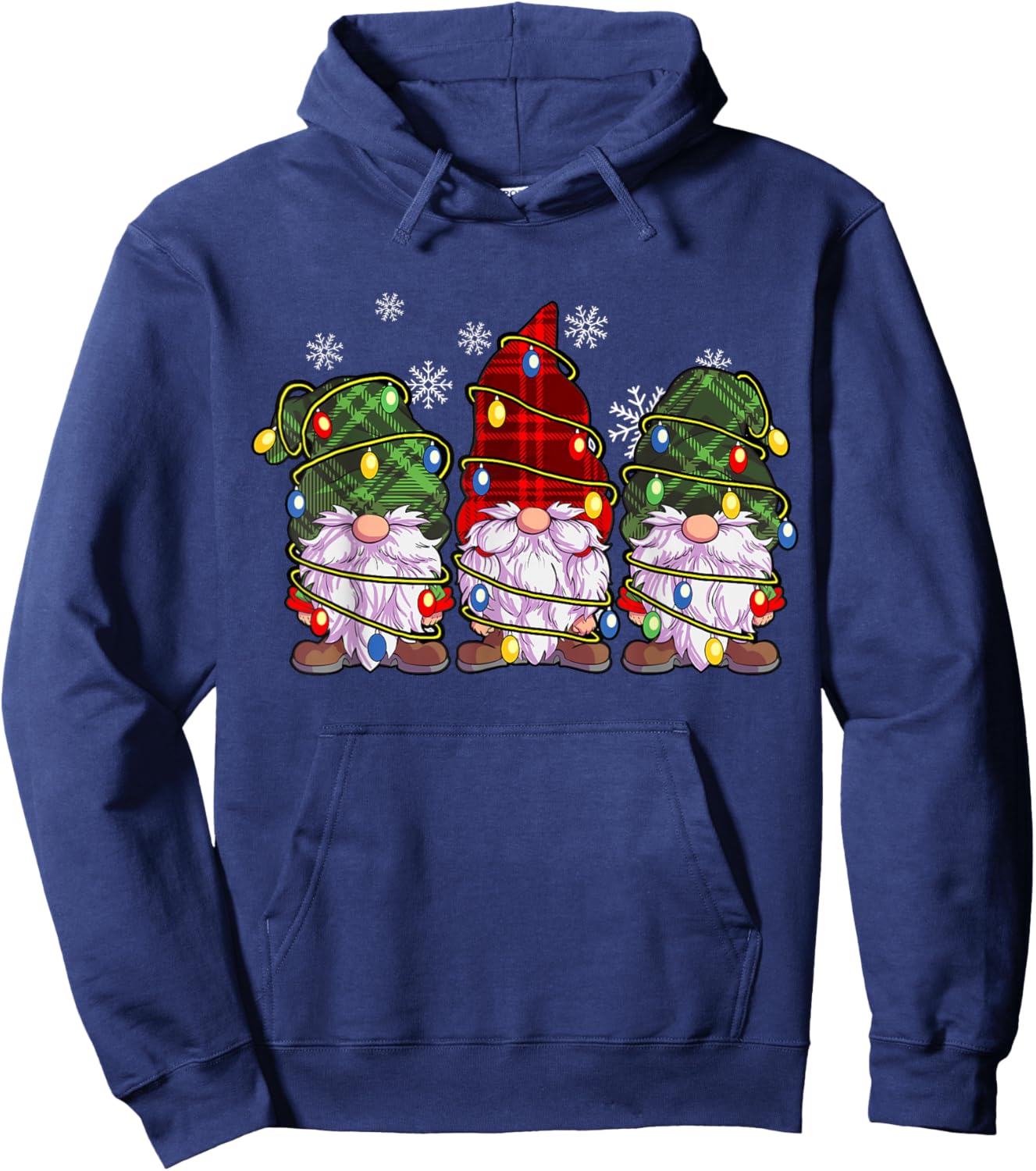 Three Gnomes Men Women Buffalo Plaid Red Christmas Hoodie - Hoodie | Navy
