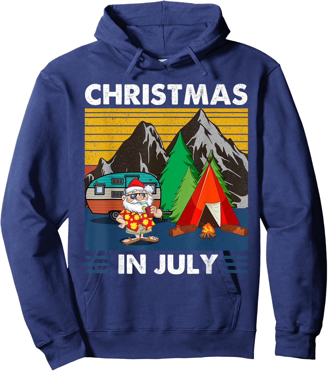 Vintage Santa with Camping Tent Fire Camp Christmas in July Hoodie - Hoodie | Navy