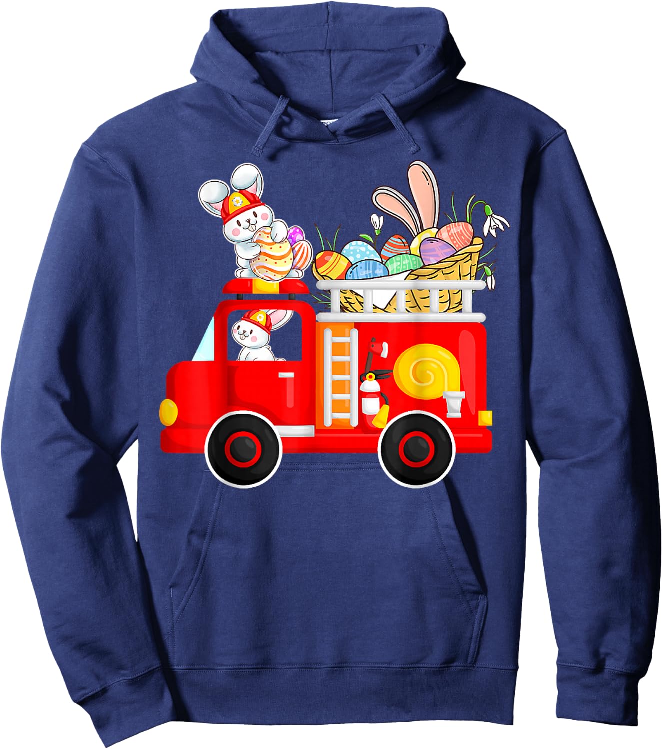 Bunny Riding Firetruck Easter Day Firefighter Happy Easter Hoodie - Hoodie | Navy