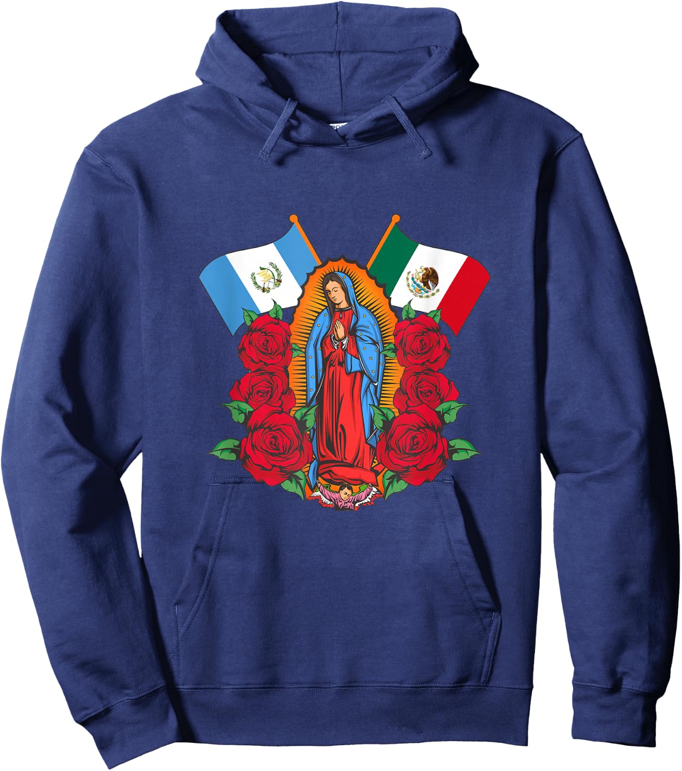 Virgen de Guadalupe con bandera de Guatemala y México Hoodie - Hoodie | Navy