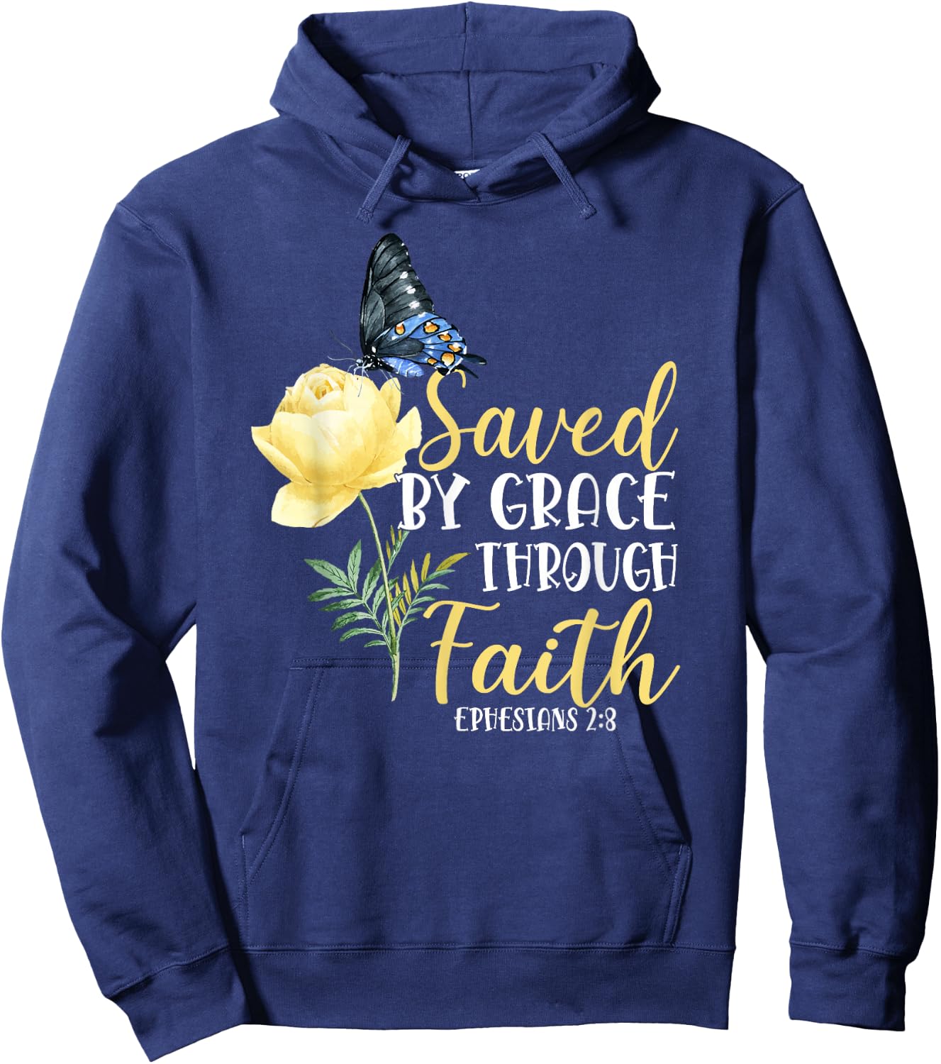 Christian Bible Verse Butterfly Rose Flower Ephesians 2:8 Hoodie - Hoodie | Navy