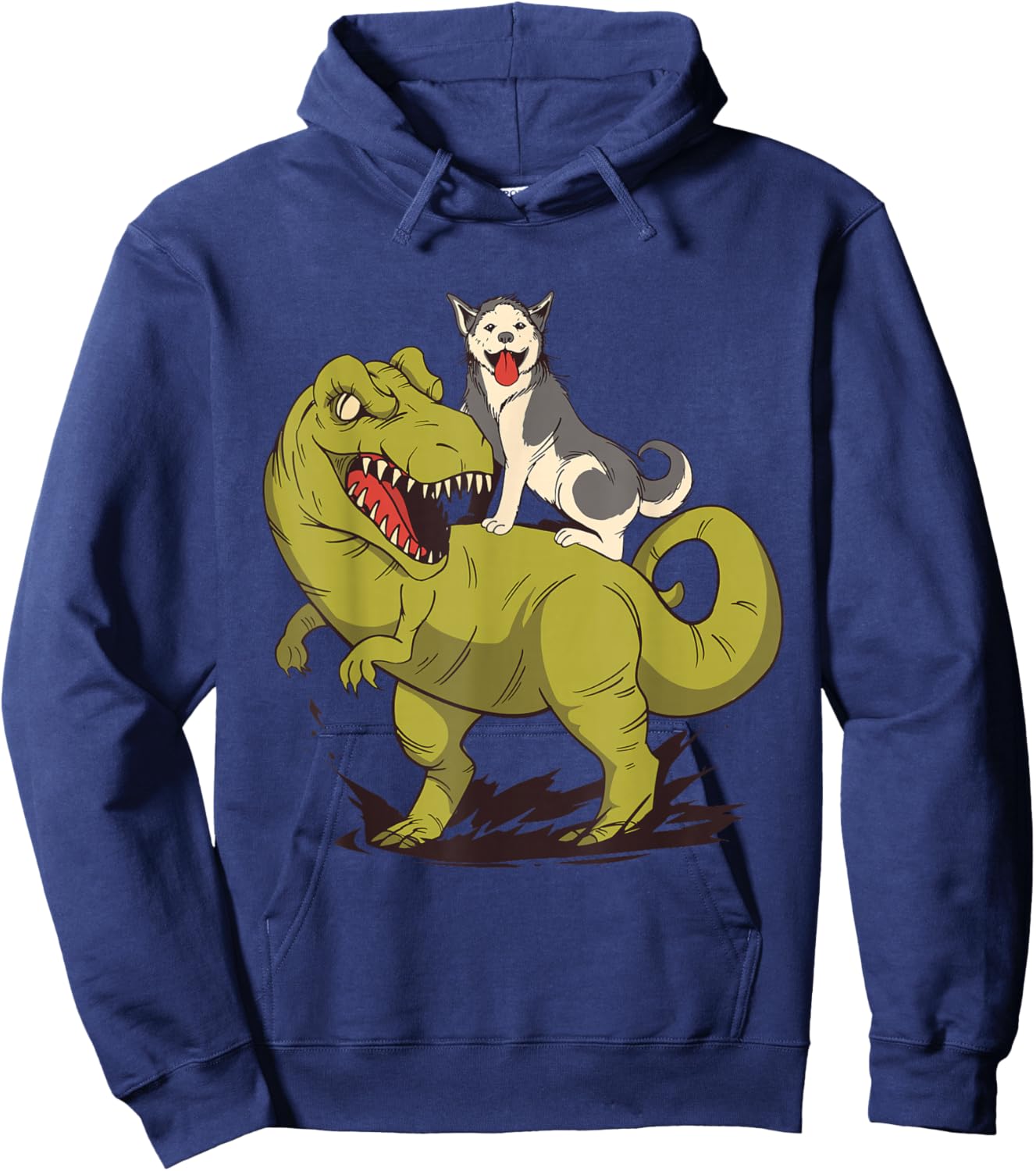Funny Siberian Husky Dog Riding Dinosaur Hoodie - Hoodie | Navy