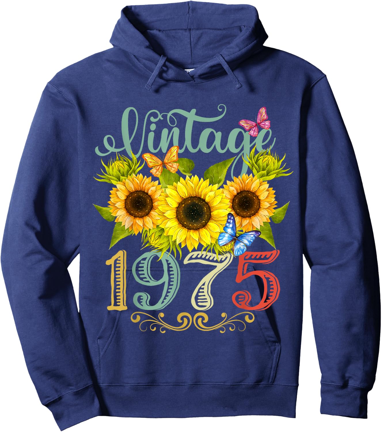 Sunflower Floral Butterfly Vintage 1975 Funny 50th Birthday Hoodie - Hoodie | Navy