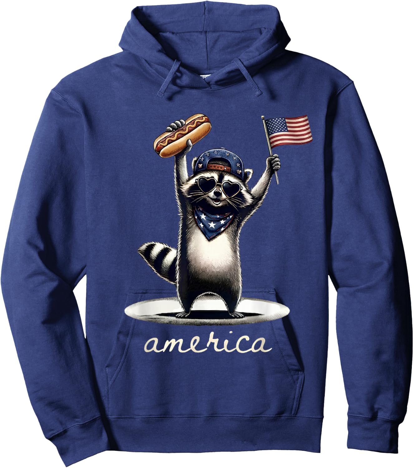 4th of July America Raccoon Holding Hotdog and US Flag Hoodie - Hoodie | Navy