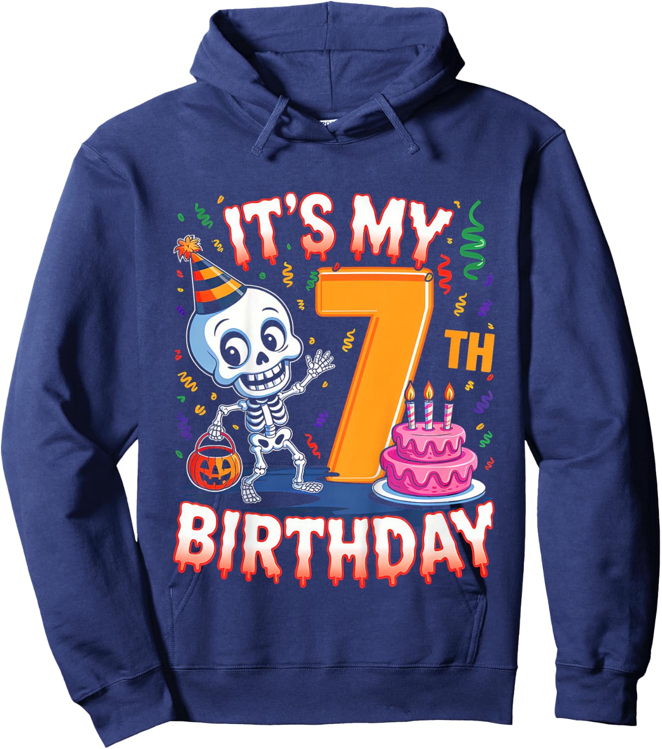 Kids Boo It's My 7th Birthday Halloween Skeleton 7 Years Old Hoodie - Hoodie | Navy