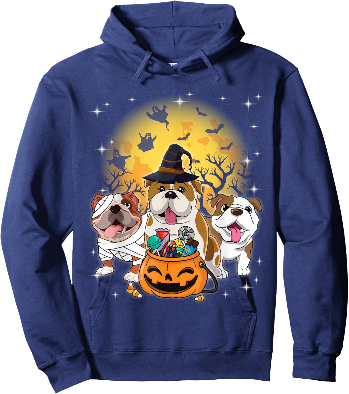 English Bulldog Mummy Witch Dog Moon Ghosts Halloween Day Women Kids Hoodie - Hoodie | Navy