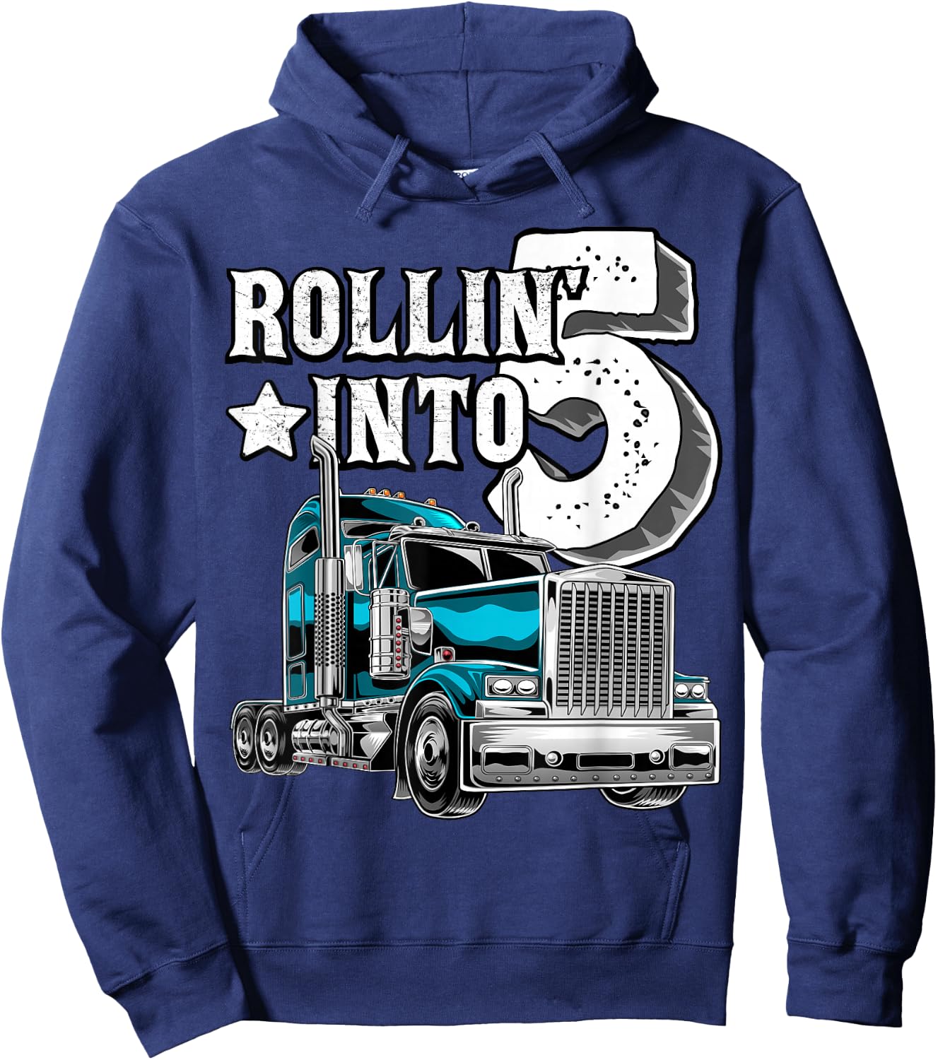 Rollin into 5 Big Rig Semi-Trailer Truck 5th Birthday Gift Hoodie - Hoodie | Navy