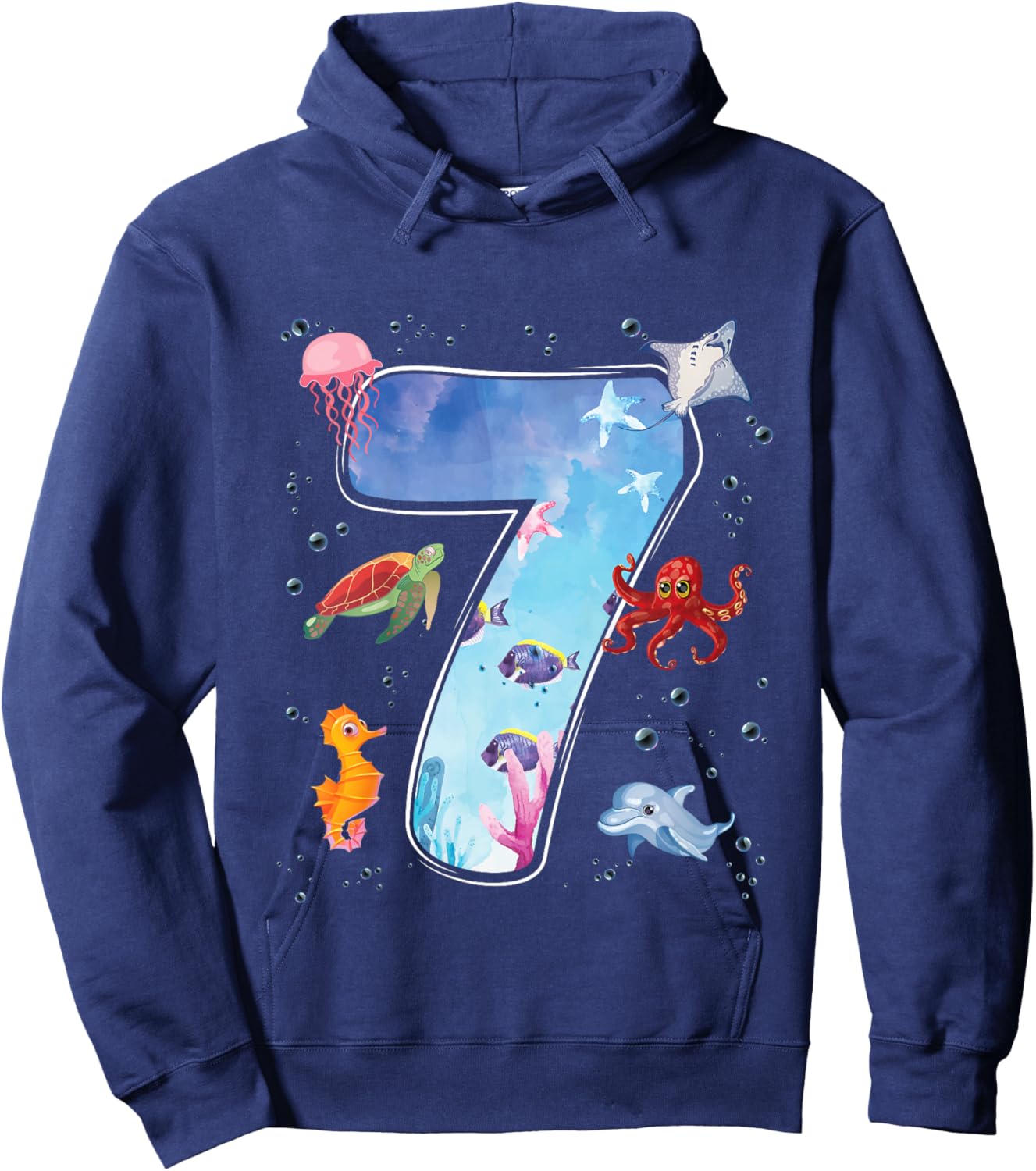 Kids 7th Birthday Party Ocean 7 Year Old Sea Fish Aquarium Boy Hoodie - Hoodie | Navy