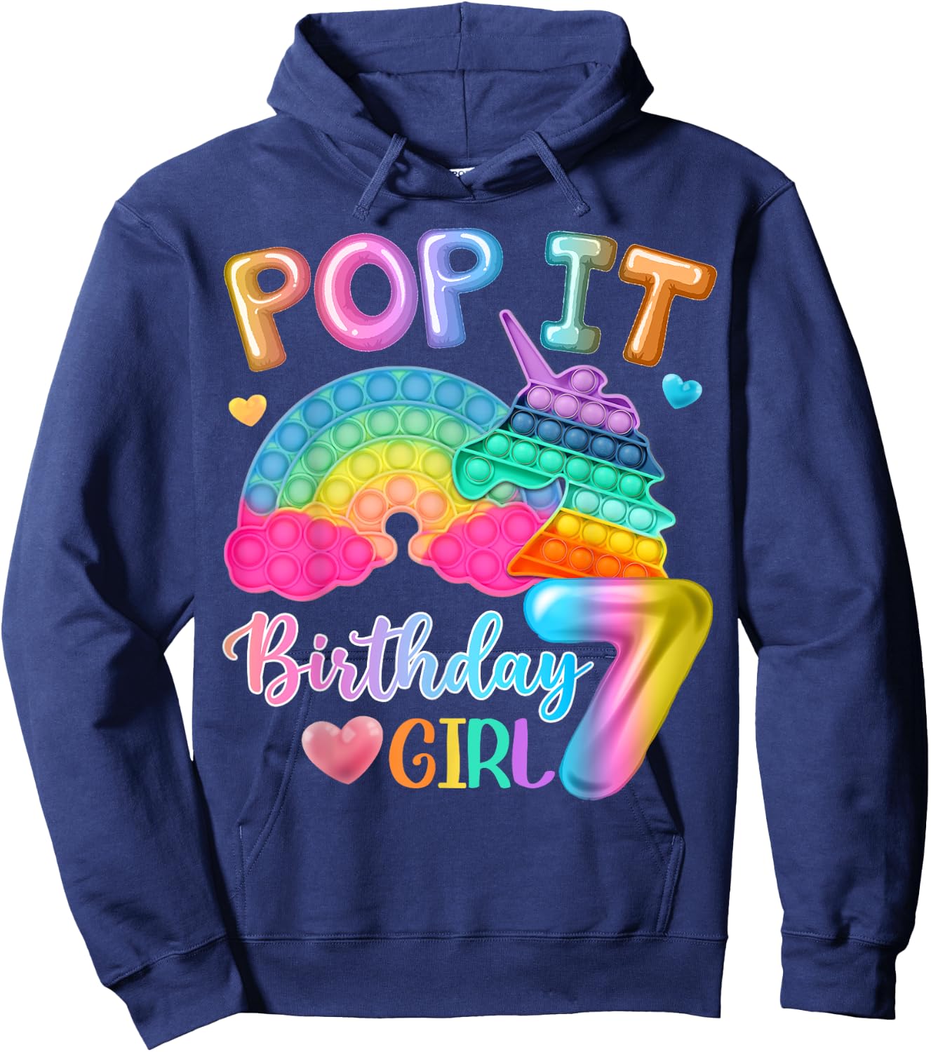 Kids Pop It Birthday Girl 7 for 7yr Old Girls Unicorn Party Hoodie - Hoodie | Navy