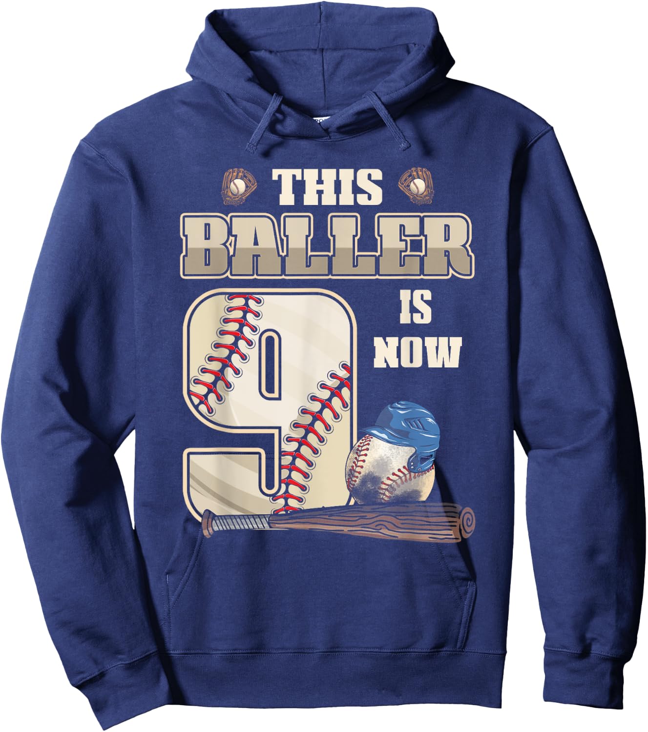 This Baller Is Now 9th Birthday Nine Years Old Baseball Hoodie - Hoodie | Navy