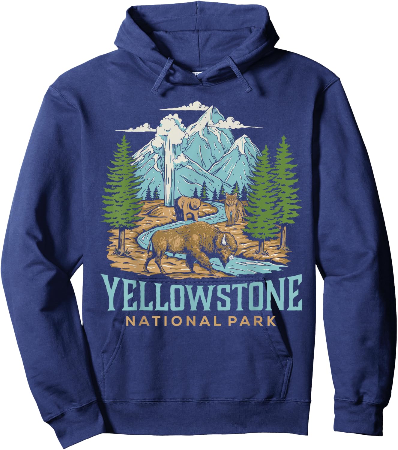 Yellowstone US National Park Wolf Bison Bear Vintage Gift Hoodie - Hoodie | Navy