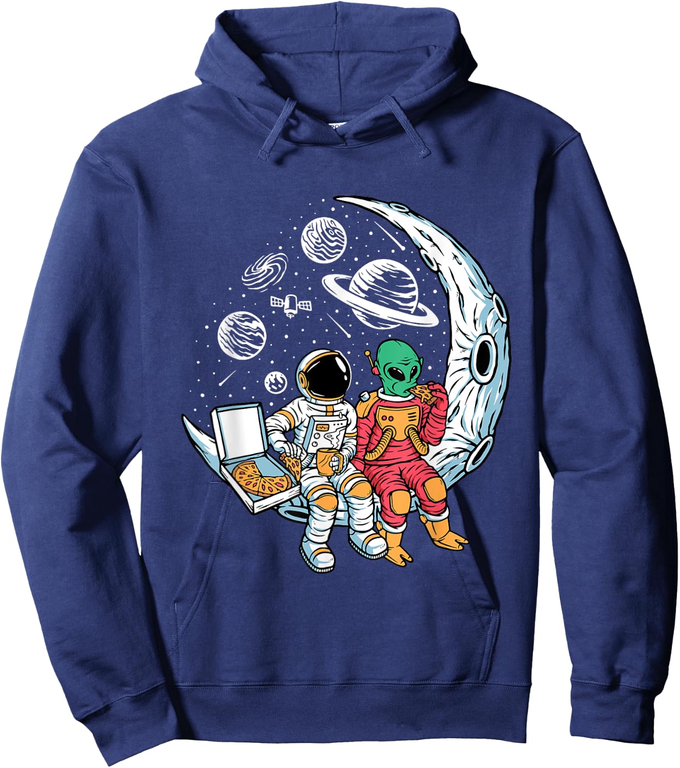 Astronaut Alien Eating Pizza in Space Chilling on the Moon Hoodie - Hoodie | Navy