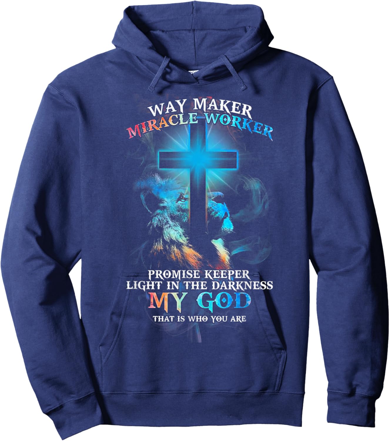 Lion Cross Light Colourful Waymaker Miracle Worker Hoodie - Hoodie | Navy