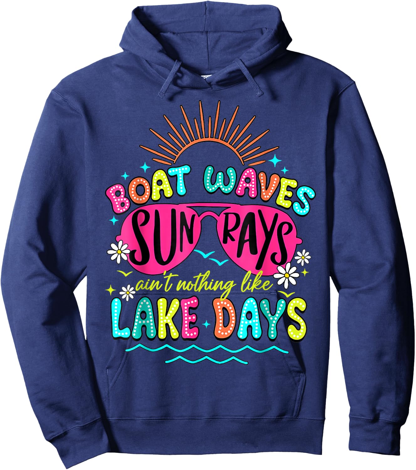 Boat Waves Sun Rays Lake Days Retro Summer Vacation Matching Hoodie - Hoodie | Navy