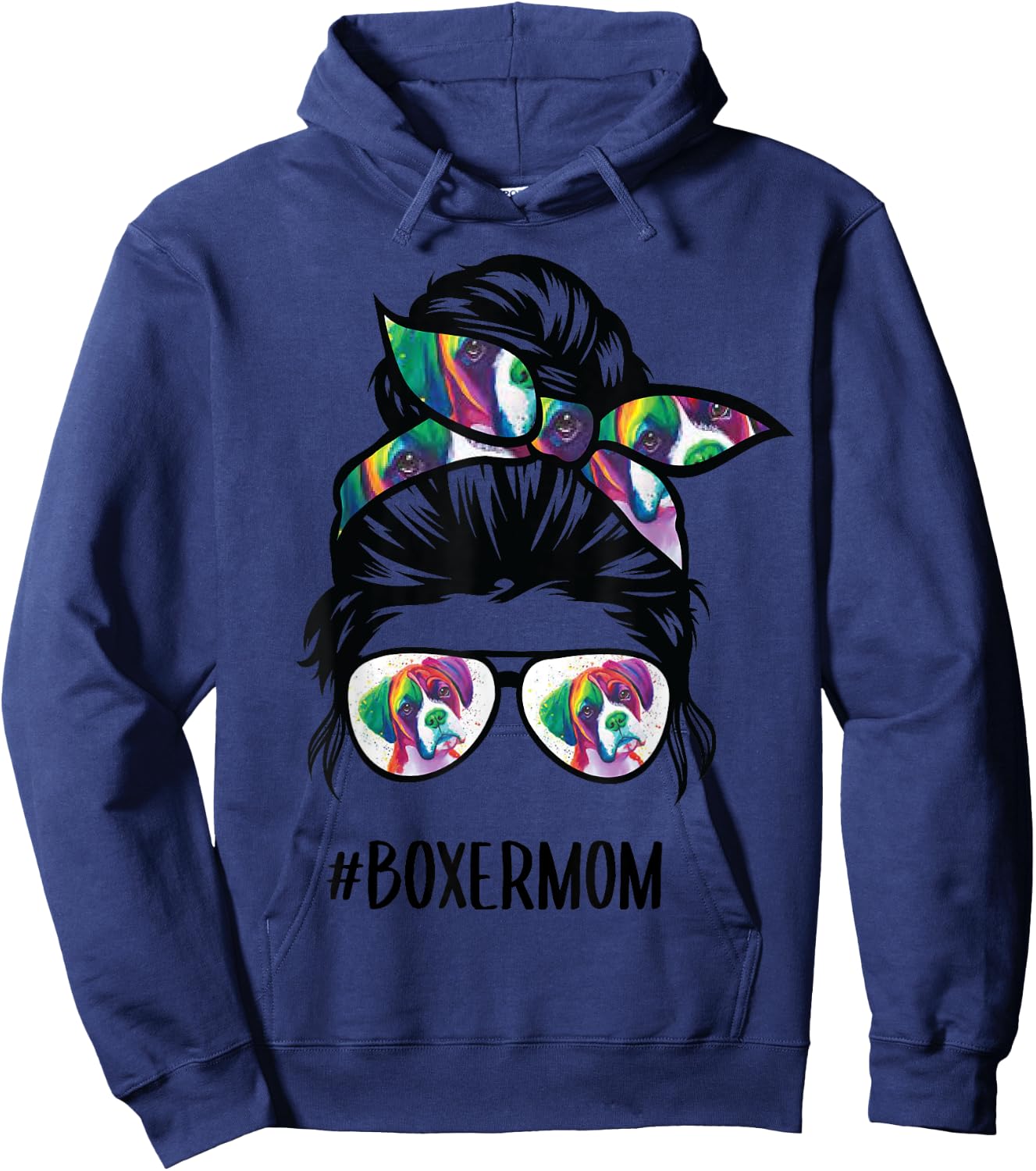 Boxer Mom Messy Bun Hair Dog Lover Women Girls Kids Hoodie - Hoodie | Navy