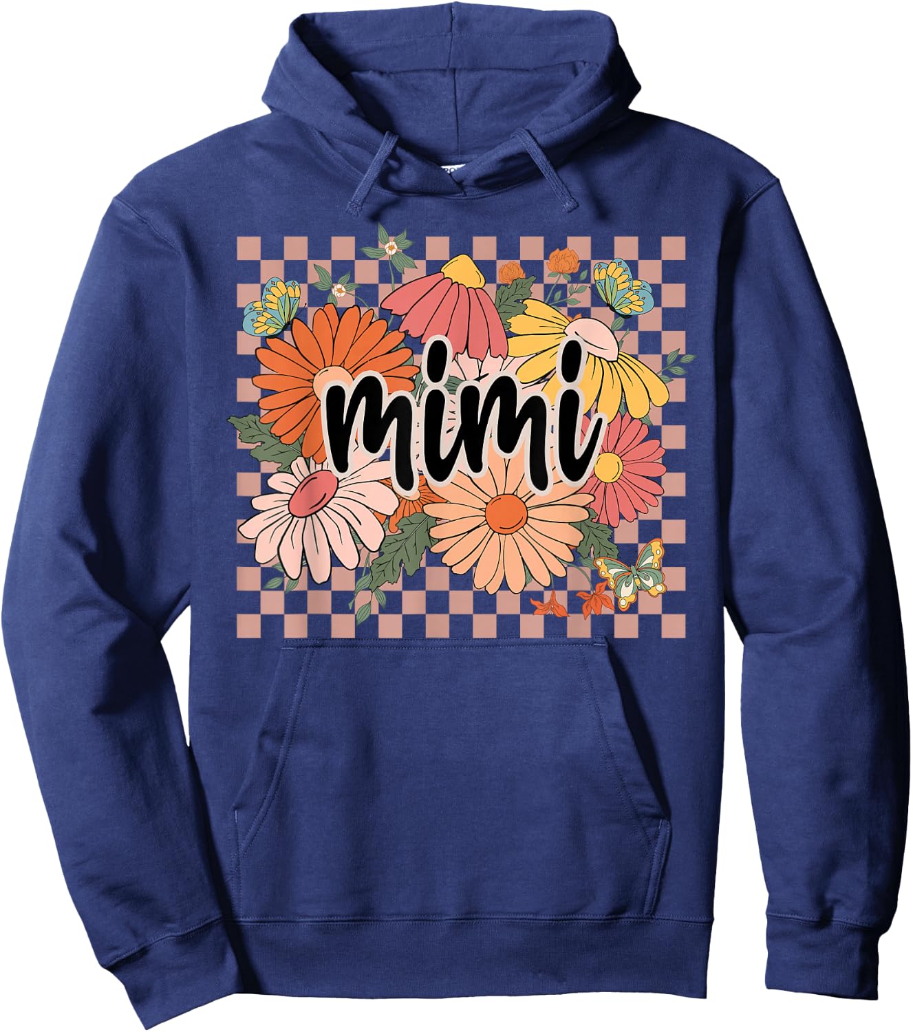Mimi Floral Mother's Day Wildflower Girl Women Checkered Hoodie - Hoodie | Navy