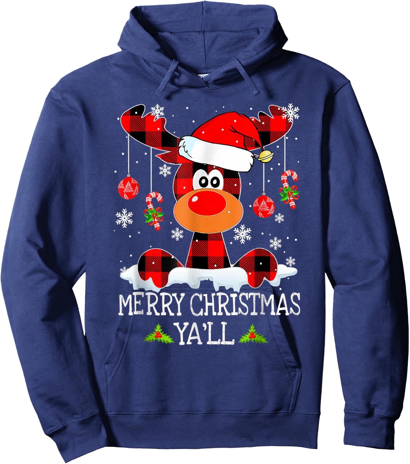 Merry Christmas Ya'll Reindeer Santa Hat Buffalo Red Plaid Hoodie - Hoodie | Navy