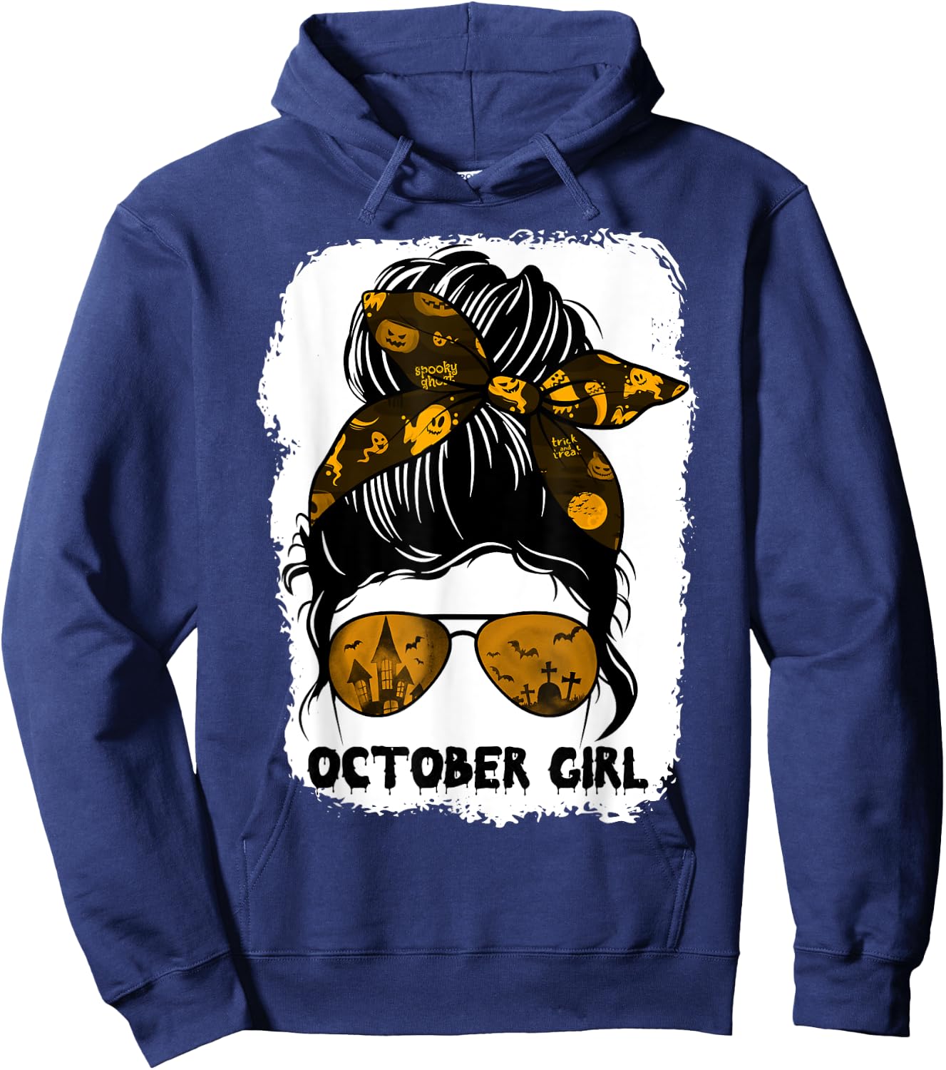 October Girl Messy Bun Lady Hair Horror Sunglasses Halloween Hoodie - Hoodie | Navy