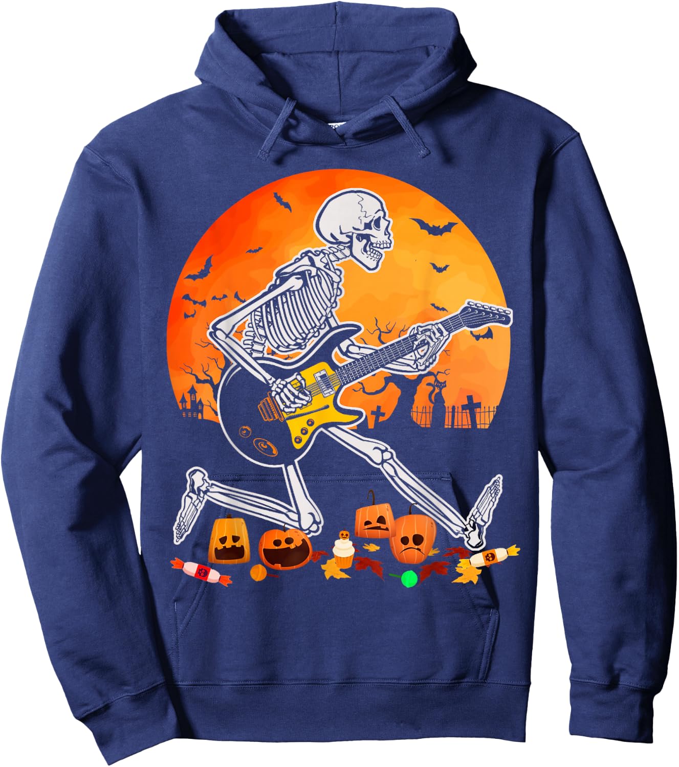 Skeleton Playing Bass Guitar Halloween Electric Acoustic Hoodie - Hoodie | Navy