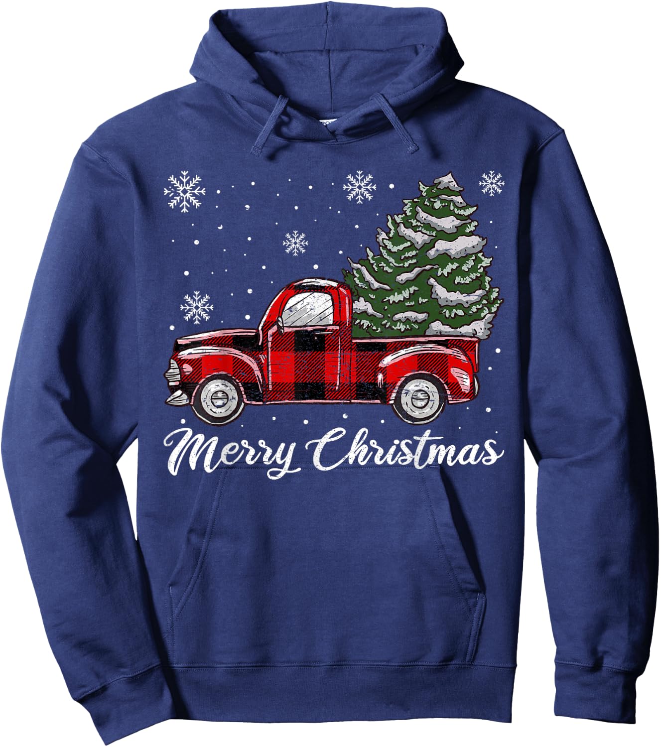 Christmas Tree Red Truck Pajama, Vintage Buffalo Plaid Truck Hoodie - Hoodie | Navy