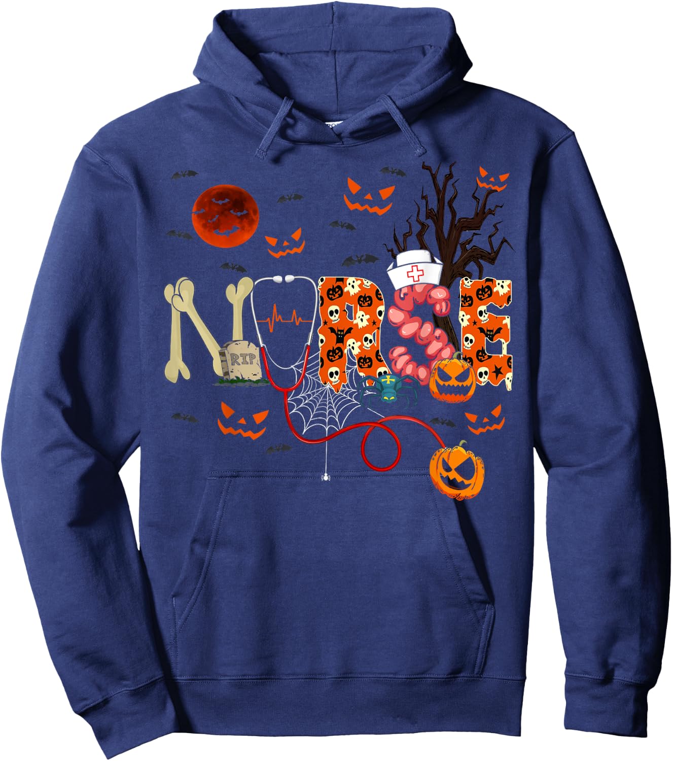 Nurse Funny Stethoscope Nurse Pumpkin Skull Lover Halloween Hoodie - Hoodie | Navy