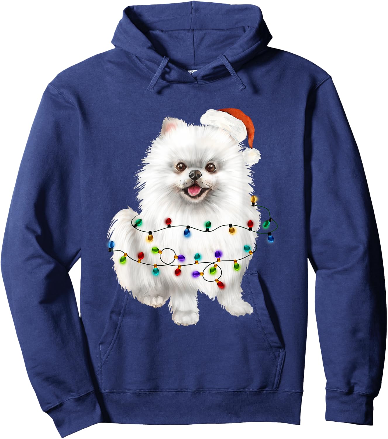 Pomeranian White Santa Christmas Tree Lights Xmas Dog Lover Hoodie - Hoodie | Navy