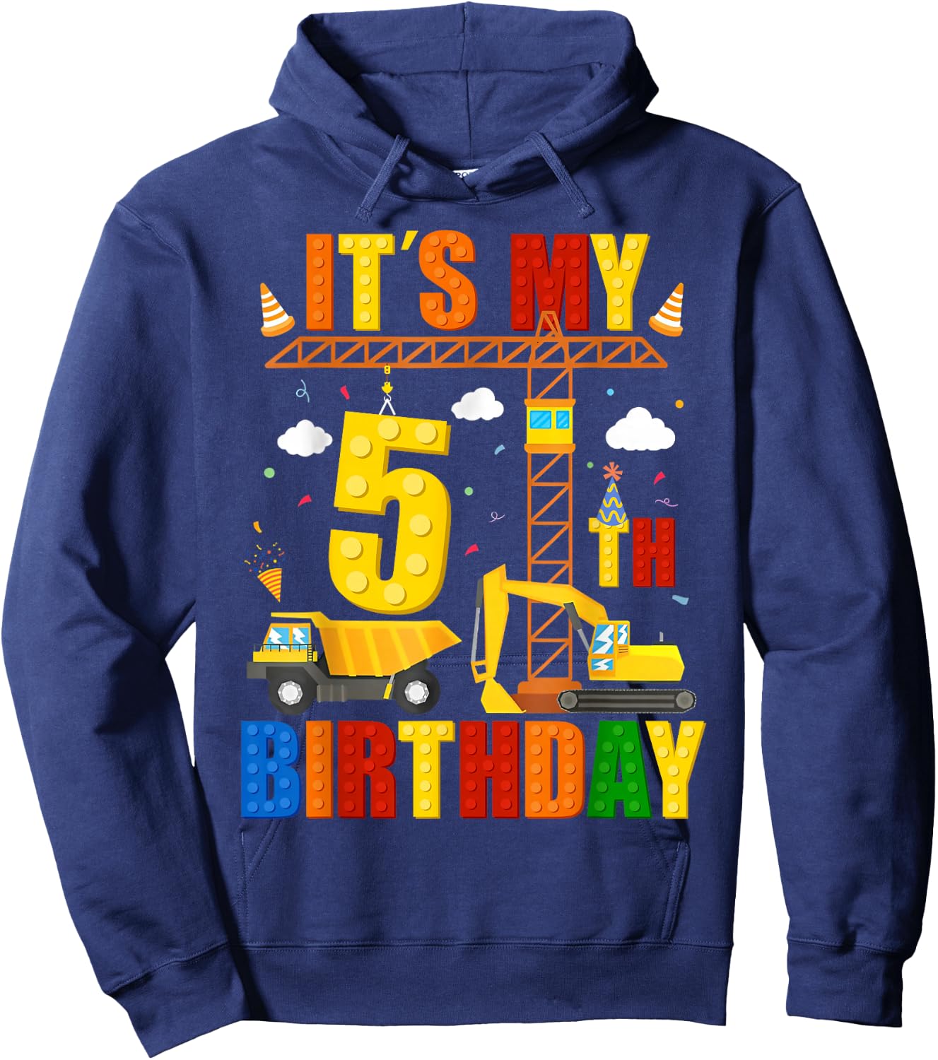 It's My 5th Birthday Construction Excavator Birthday Boys Hoodie - Hoodie | Navy