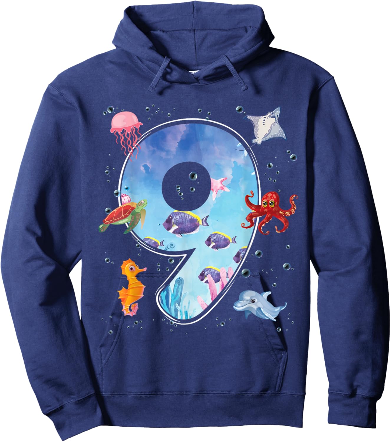 9th Birthday Party Ocean 9 Year Old Sea Fish Aquarium Boy Hoodie - Hoodie | Navy