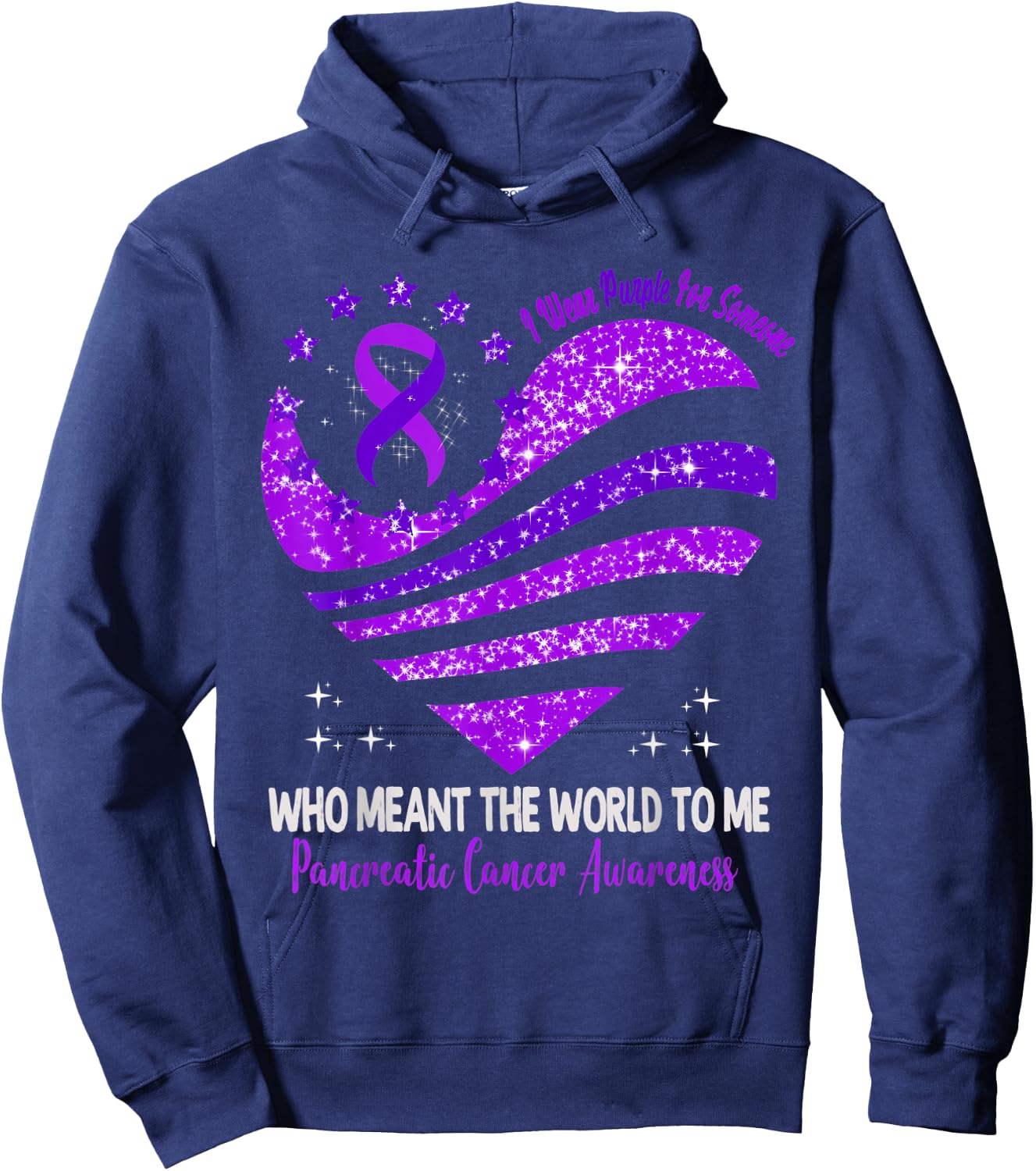 I Wear Purple For Pancreatic Cancer Awareness Heart Ribbon Hoodie - Hoodie | Navy