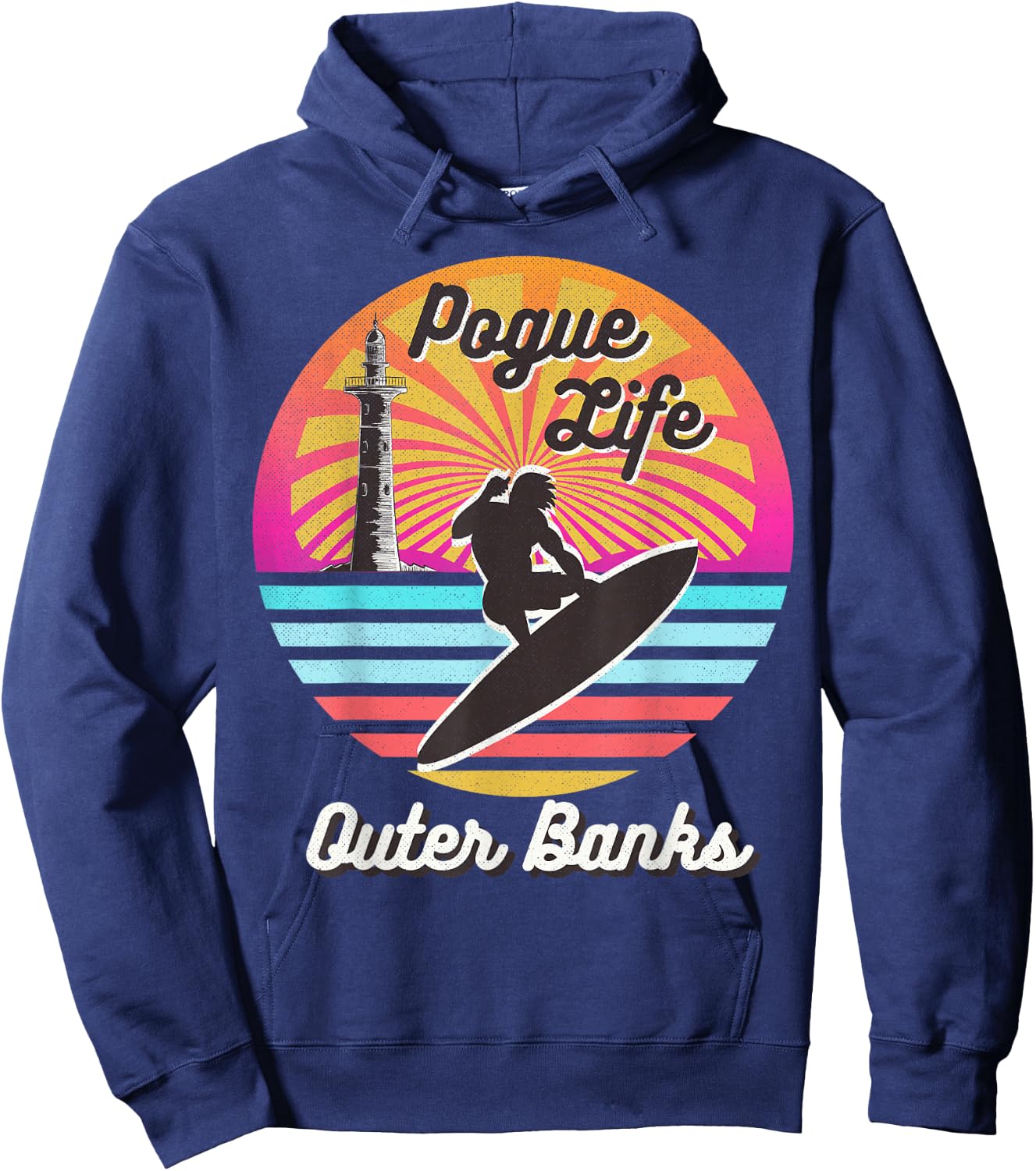 Surfer Pogue-Life-Outer-Banks Light Houses Retro Distressed Hoodie - Hoodie | Navy
