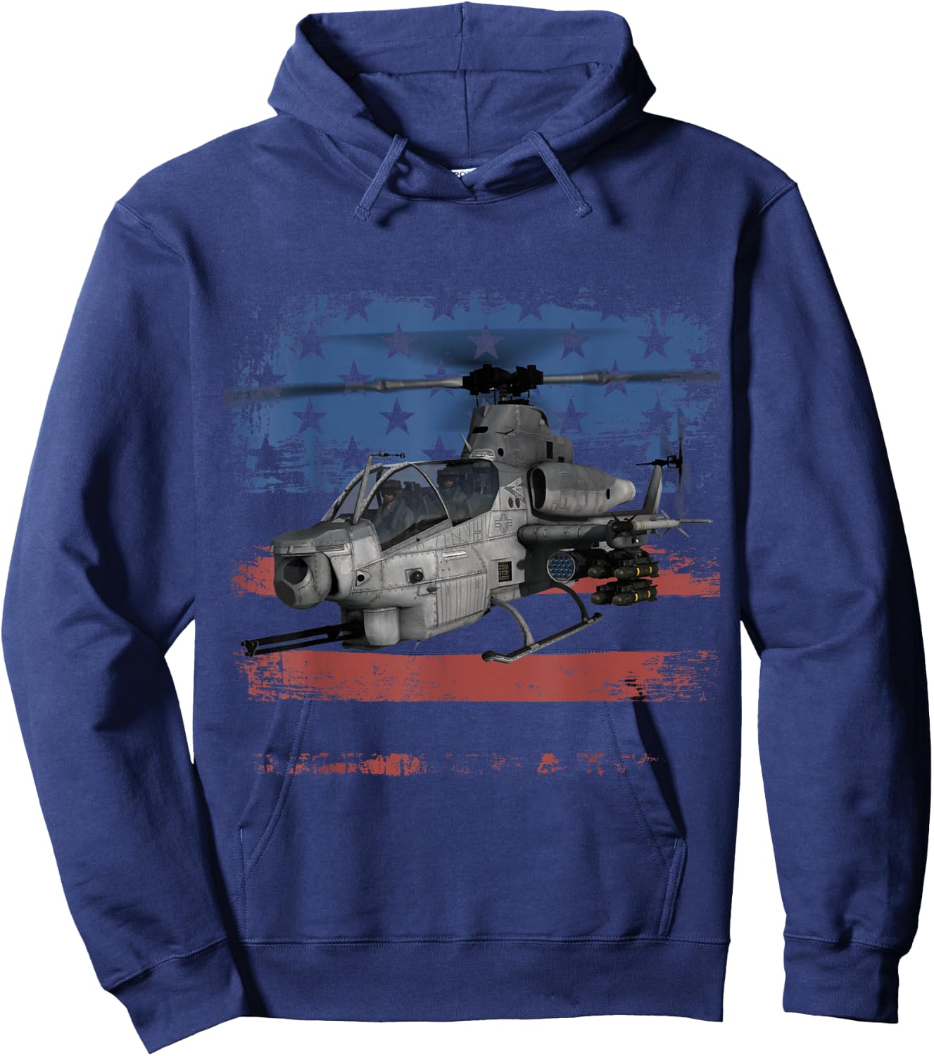 AH-1 Cobra Attack Helicopter Military Distressed US Flag Hoodie - Hoodie | Navy