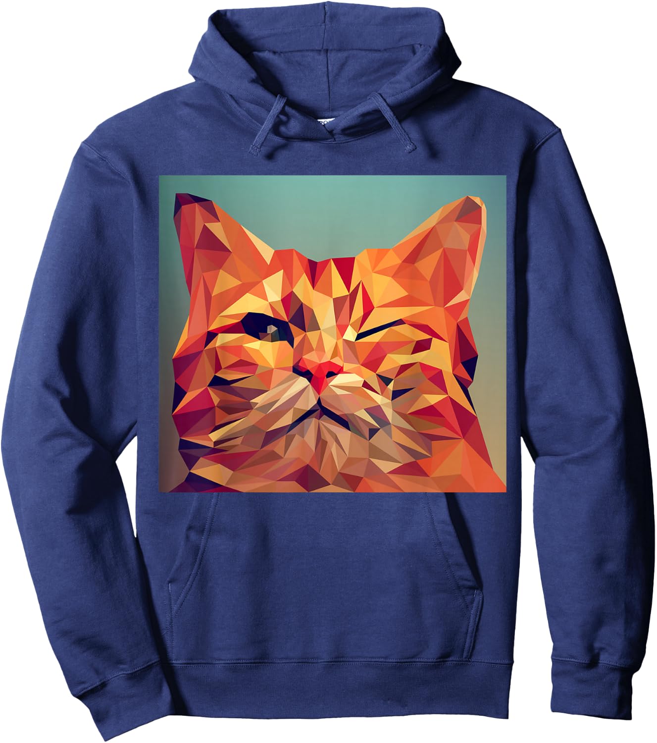Winking Orange Cat Lover Feline Abstract Digital Poly Art Hoodie - Hoodie | Navy
