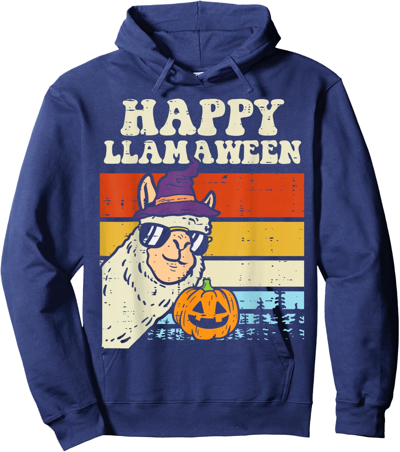 Happy Llamaween Llama Witch Retro Halloween Alpaca Animal Hoodie - Hoodie | Navy