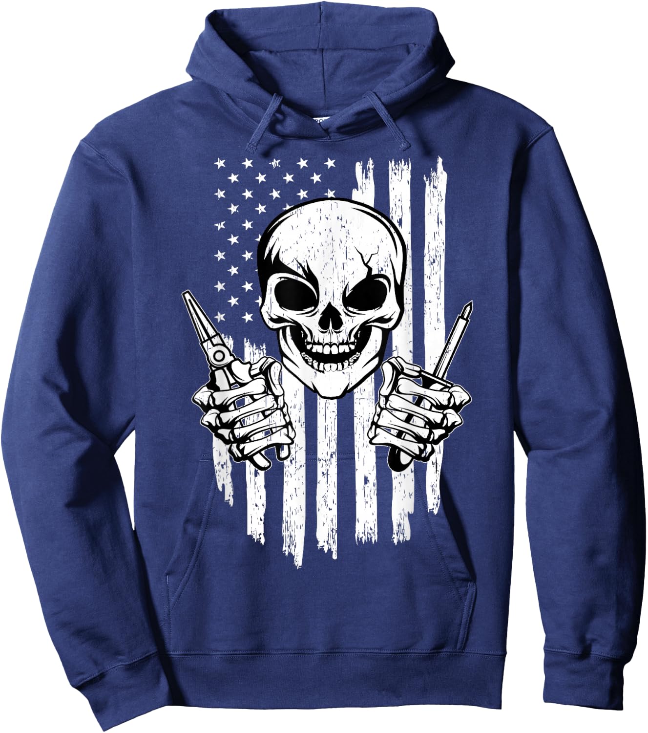 Electrician Skull Electricity Electrical Wiring US Flag Hoodie - Hoodie | Navy