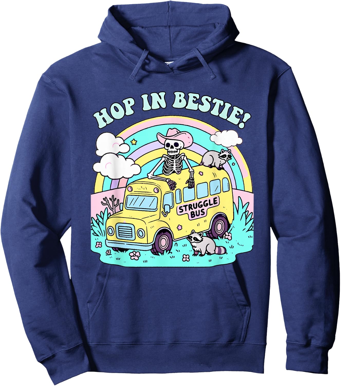 Hop In Bestie Struggle Bus Skeleton Raccoon Hoodie - Hoodie | Navy