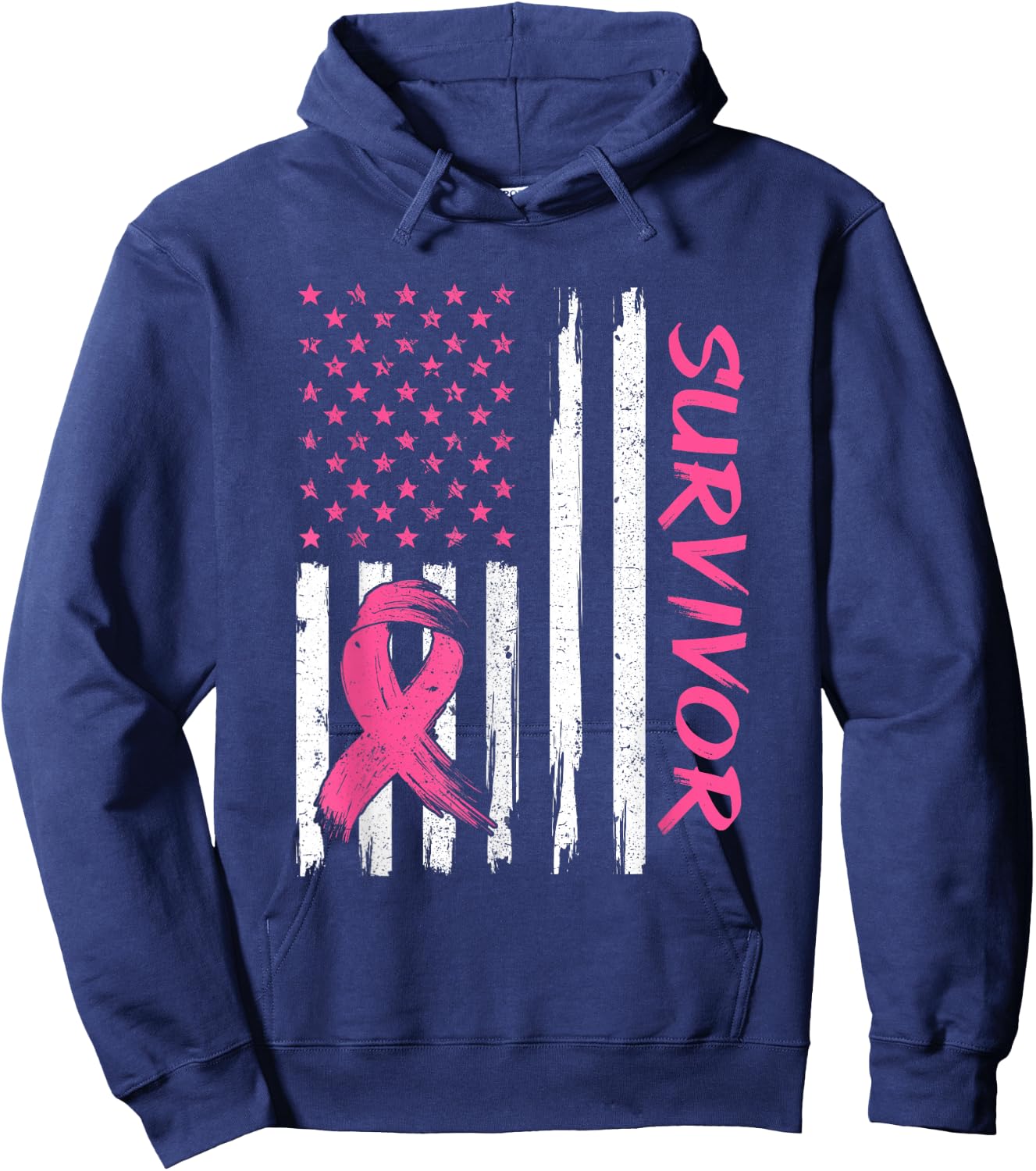 Breast Cancer Survivor American Flag Breast Cancer Awareness Hoodie - Hoodie | Navy