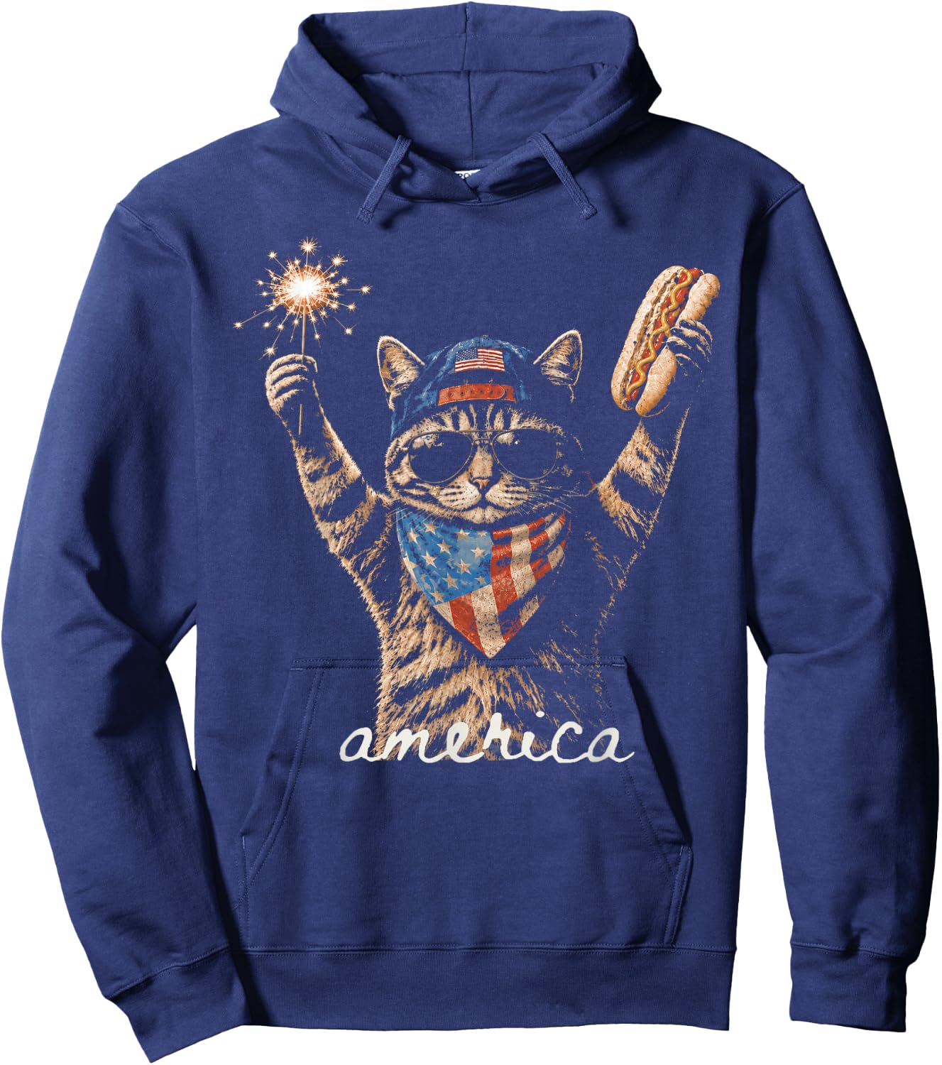 Retro Funny America CatHot Dog Lovers Patriotic US Flag Hoodie - Hoodie | Navy