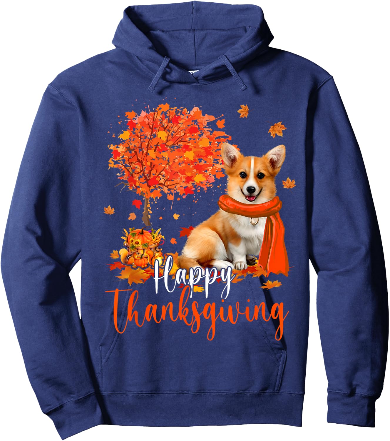 Happy Thanksgiving Corgi Dog And Autumn Tree Corgi Dog Lover Men Women Kids Hoodie - Hoodie | Navy