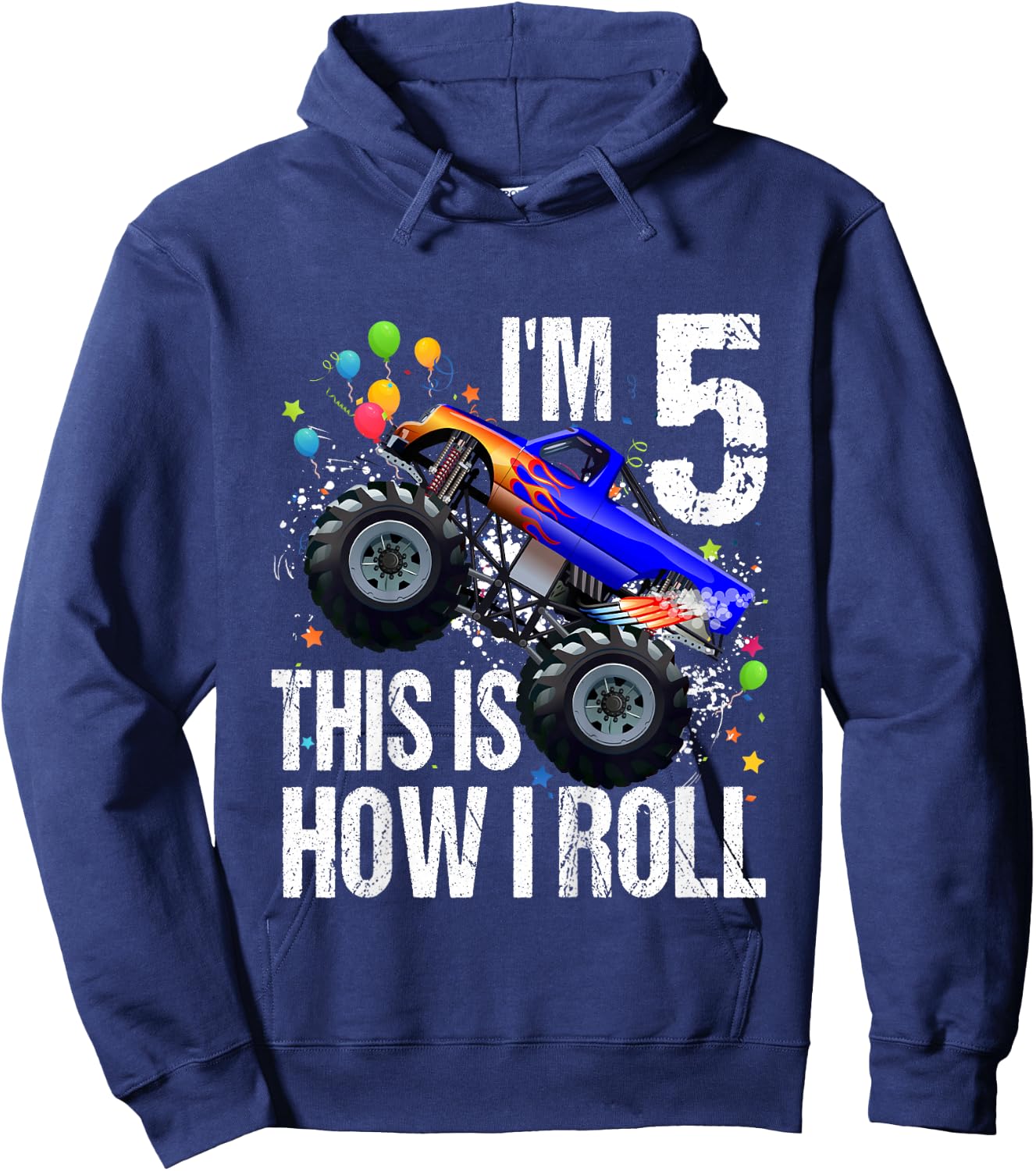Kids 5th Birthday Boy Monster Truck Rule JAM Shirt Five 5 Year Hoodie - Hoodie | Navy