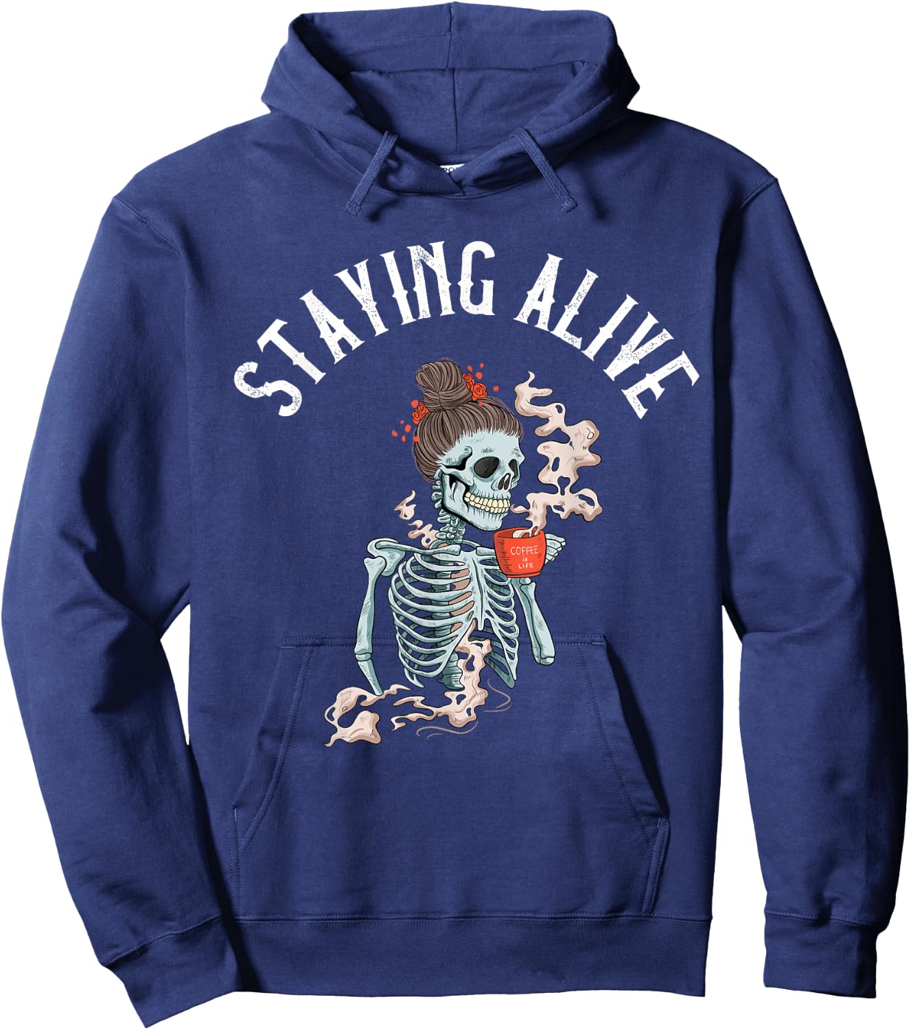 Coffee Drinking Skeleton - Staying Alive Vintage Women Girl Hoodie - Hoodie | Navy