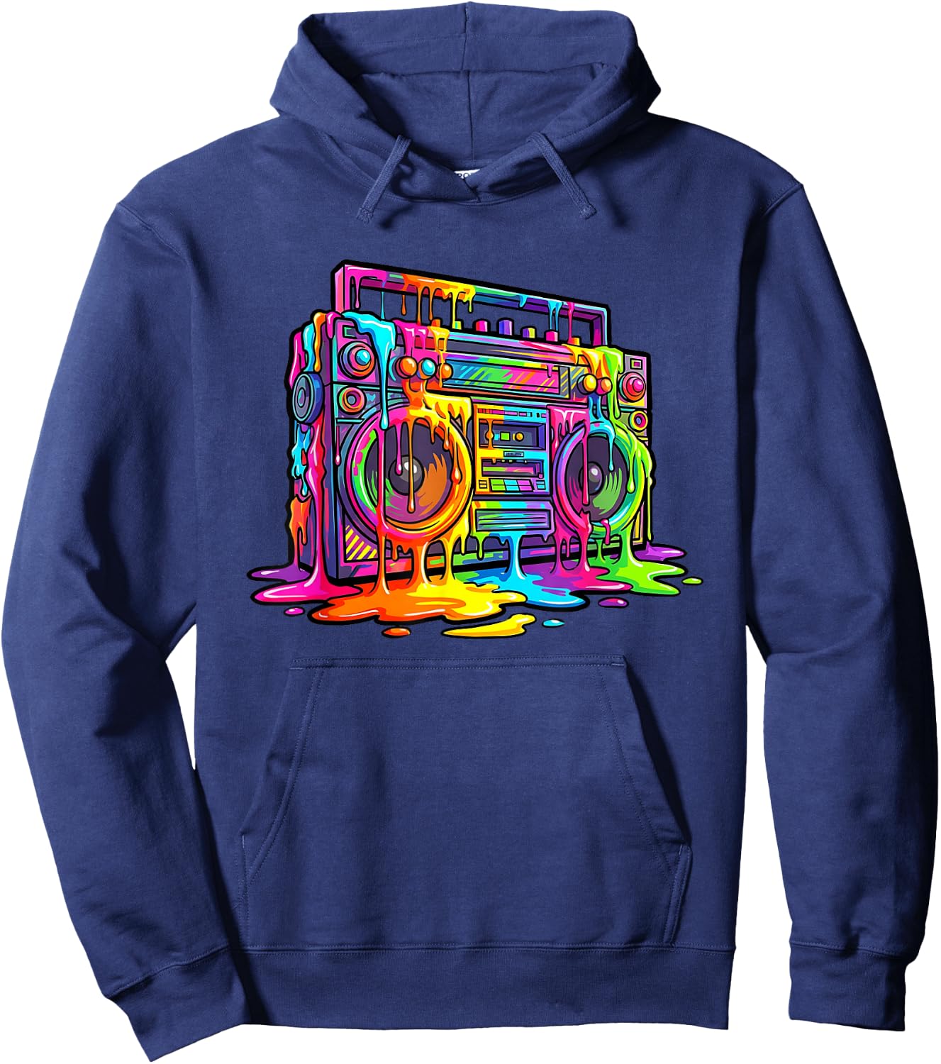 80s Boom Box Dripping Multicolor Paint Graffiti Fun Graphic Hoodie - Hoodie | Navy