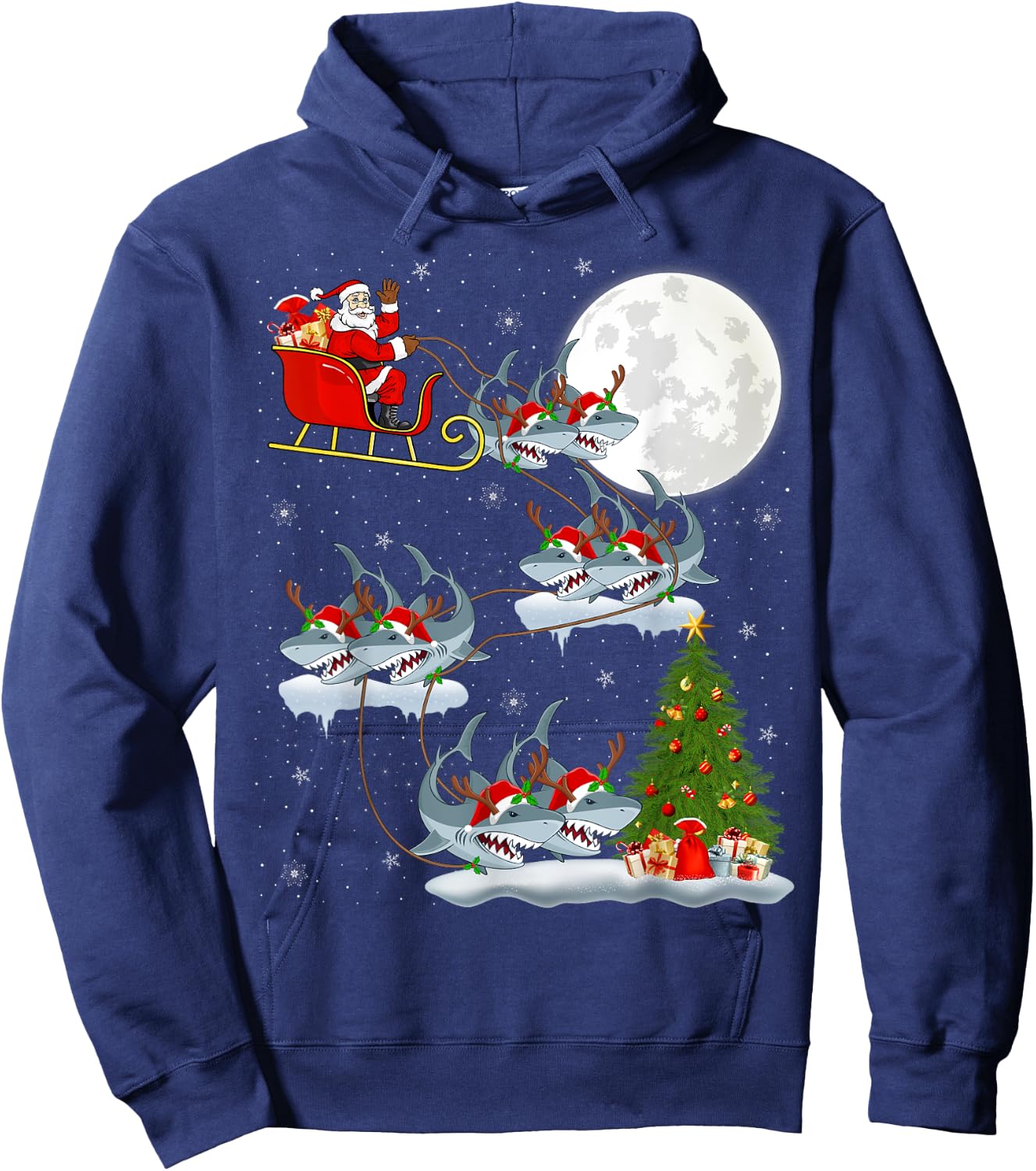Xmas Lighting Tree Santa Riding Great White Shark Christmas Hoodie - Hoodie | Navy