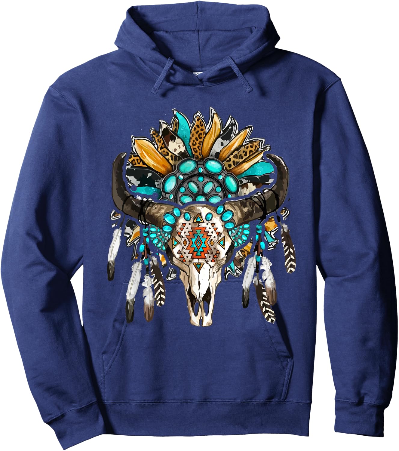 Western Boho Sunflowers Turquoise Cow Bull Skull Hoodie - Hoodie | Navy